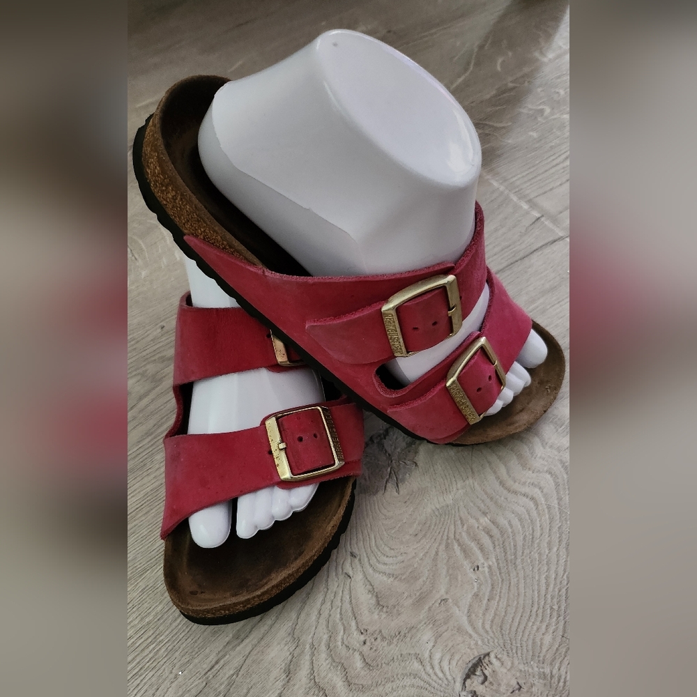 Birkenstock Hot Pink Sandals with Gold Buckles